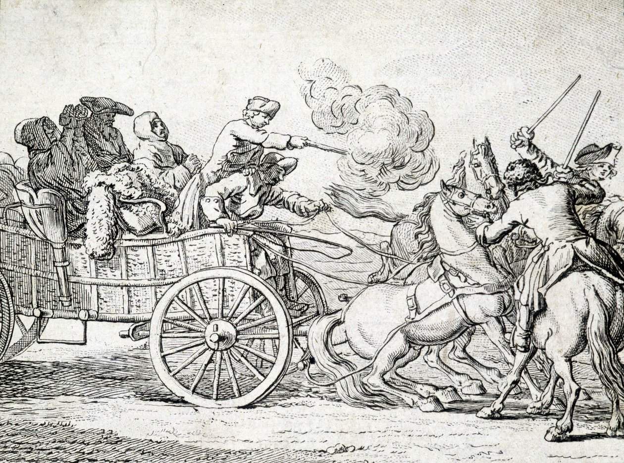 Brigandok támadnak utasokra egy szekéren. Egy 18. századi névtelen metszete. alkotó: Unknown artist