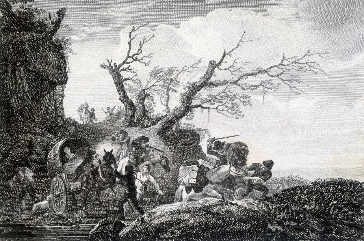 Brigandok támadják az utazókat egy országúton. Egy 18. századi névtelen metszet. alkotó: Unknown artist