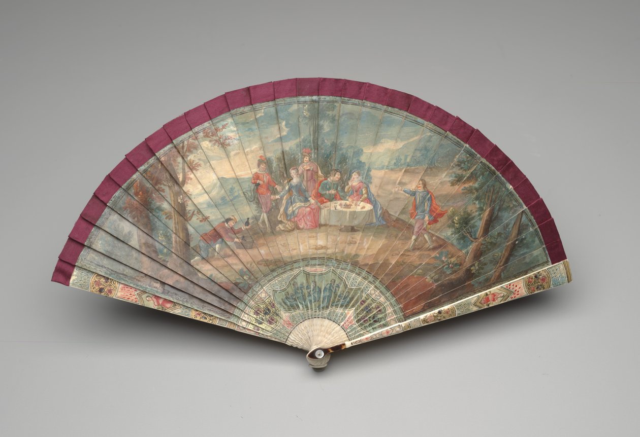 Brisé-rajongó egy szabadtéri parti jelenetével, 1700-25 körül (guache elefántcsont pengéken, selyemszalag, aranyozás, teknősbékahéj, gyöngyház és sárgaréz) alkotó: Unknown artist