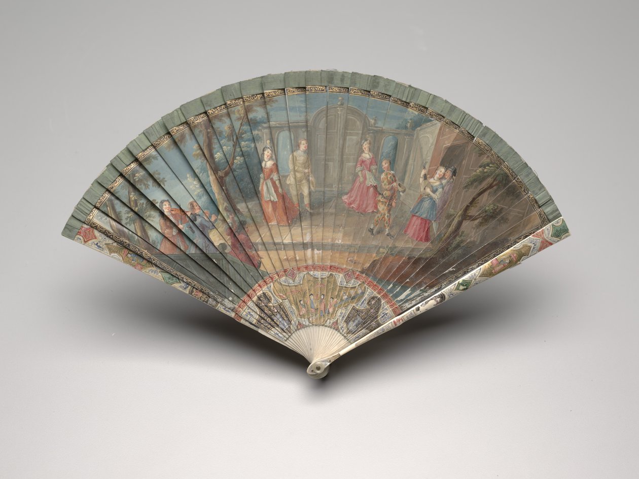 Brisé-legyező a Comédie-Italienne jelenetével, 1700-25 körül (guache elefántcsont- vagy csontpengéken, selyemszalag, aranyozás, gyöngyház és sárgaréz) alkotó: Unknown artist