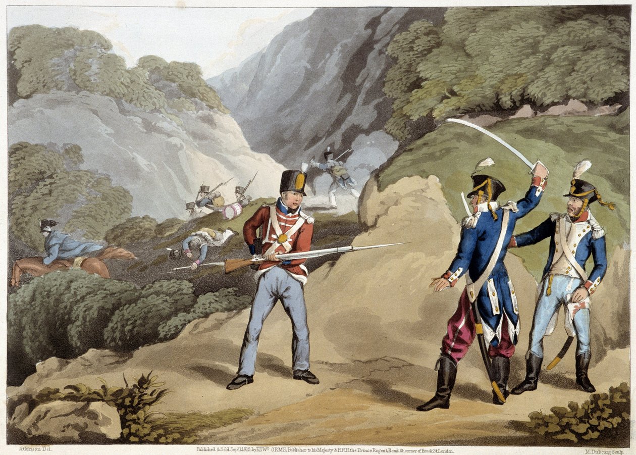 Brit katona fogságba ejtett két francia tisztet a pireneusi csatában – Edward Orme „Történelmi, katonai és haditengerészeti anekdotáiban...” alkotó: Unknown artist
