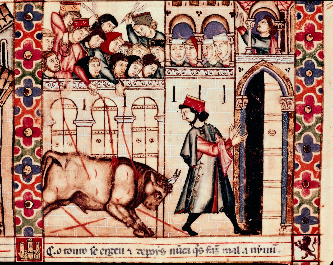 Bikaviadal: a bika öl az arénában a spanyolországi Plasenza (Plasencia) hagyományos ünnepein, 144. ének. Miniatűr Szent Mária himnuszból alkotó: Unknown artist