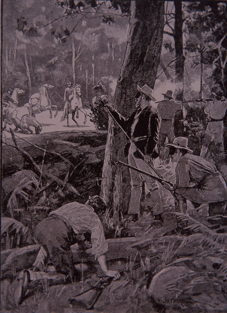 Bushrangers, ausztrál betyárok kirabolnak egy aranykísérőt (metszet) alkotó: Unknown artist