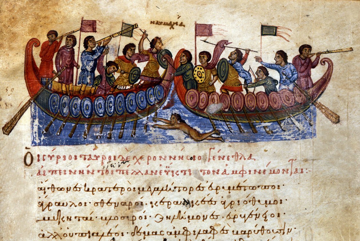 bizánci tengeri csata. Egy rohamúszó megtámadja az ellenséges hajót. Kézirat a 11. századból. Velence, Bibl. Marciana. alkotó: Unknown artist