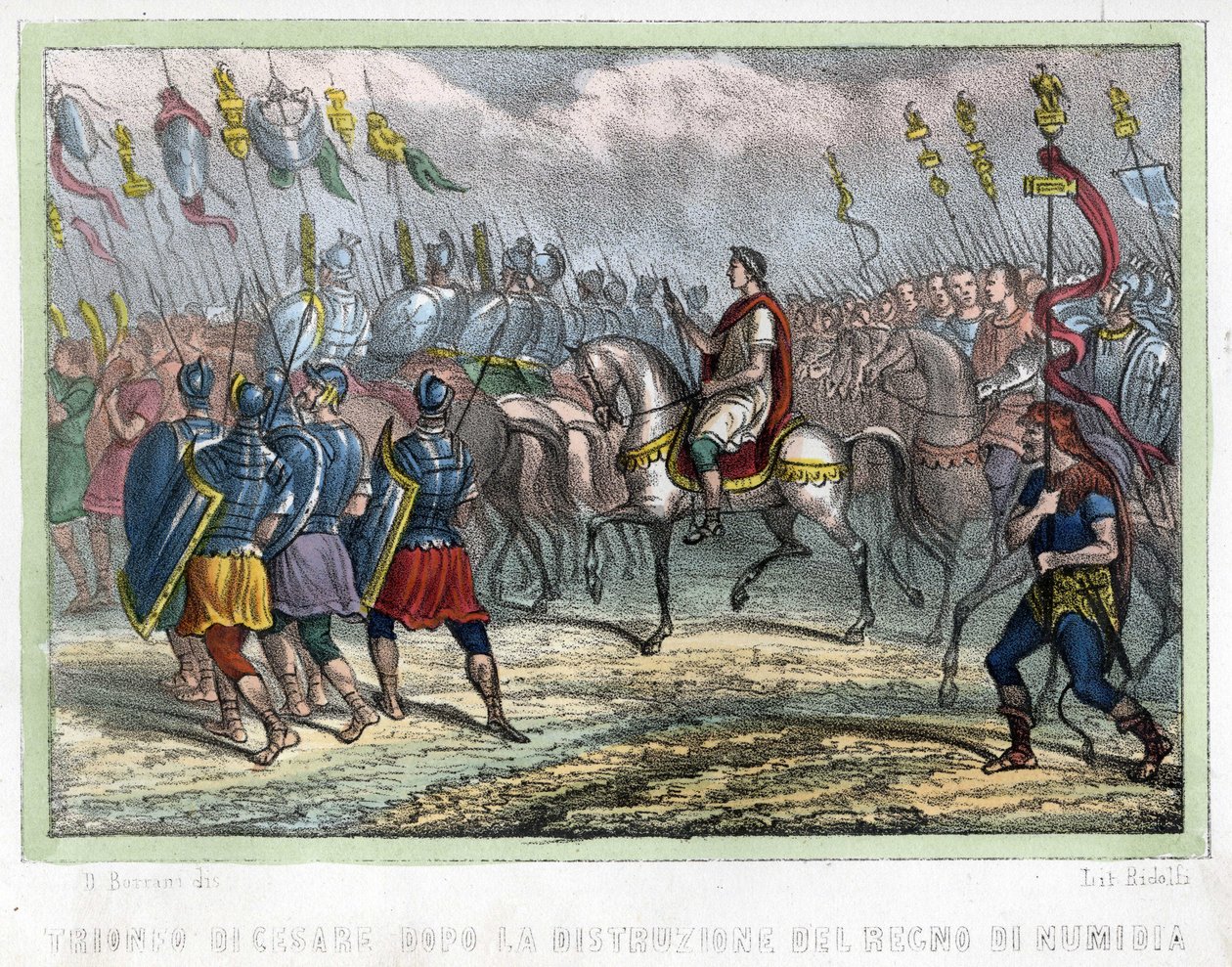 Cézár társulata a numidiai királyság lerombolása után – Leon Galibert „” ókori és modern Algériában”. Olasz kiadás 1846 színes. alkotó: Unknown artist