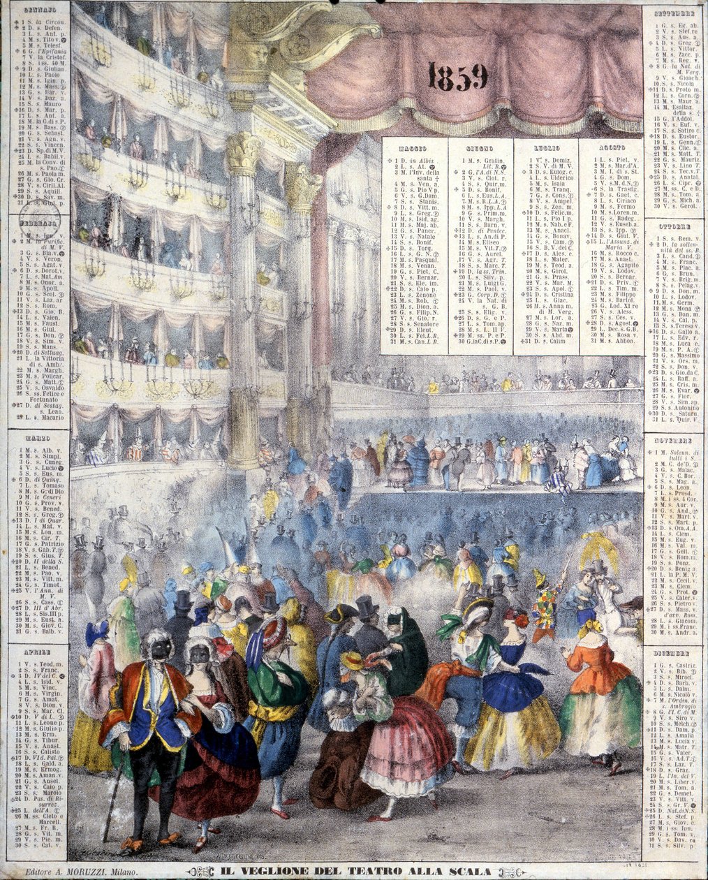 Az 1859-es kalendárium, amely egy karneváli estét jelképez a Teatro alla Scalában 1859-ben. alkotó: Unknown artist