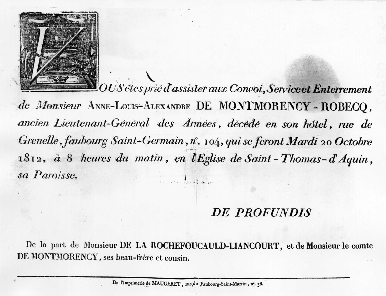 Felhívás Alexandre de la Rochefoucauld temetésére – Családi archívum. alkotó: Unknown artist