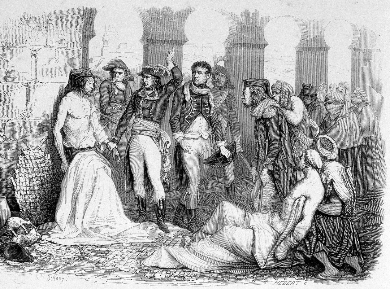 Egyiptom hadjárata (expedíciója) (1798-1801): Bonaparte tábornok meglátogatja az egyiptomi Jaffa pestifere kórházát. Metszet 19. század. alkotó: Unknown artist