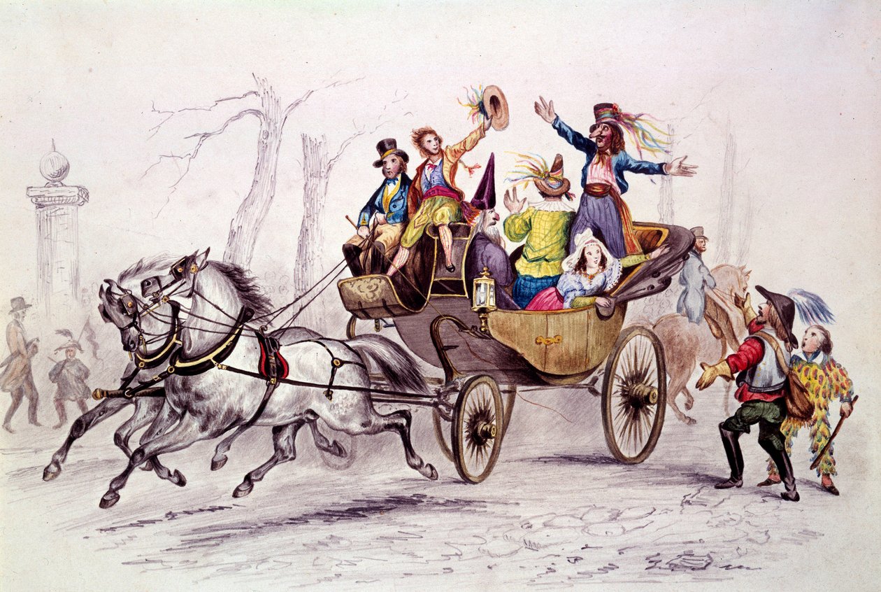 Karnevál. Fetard álruhák egy hintón. Metszet 1846-ból. Párizs, karneváli múzeum alkotó: Unknown artist