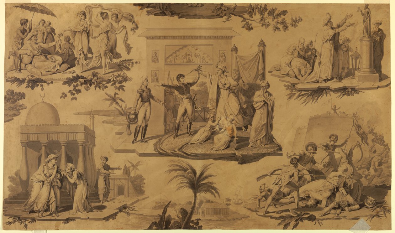 Rajzfilm nyomtatott pamuttextilekhez: A franciák Egyiptomban [Les Francais en Egypte] alkotó: Unknown artist