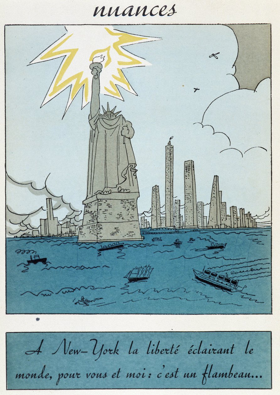 Karikatúra a Szabadság-szoborról az Egyesült Államokban: "A szabadság New Yorkban megvilágítja a világot, neked és nekem ez egy fáklya" alkotó: Unknown artist