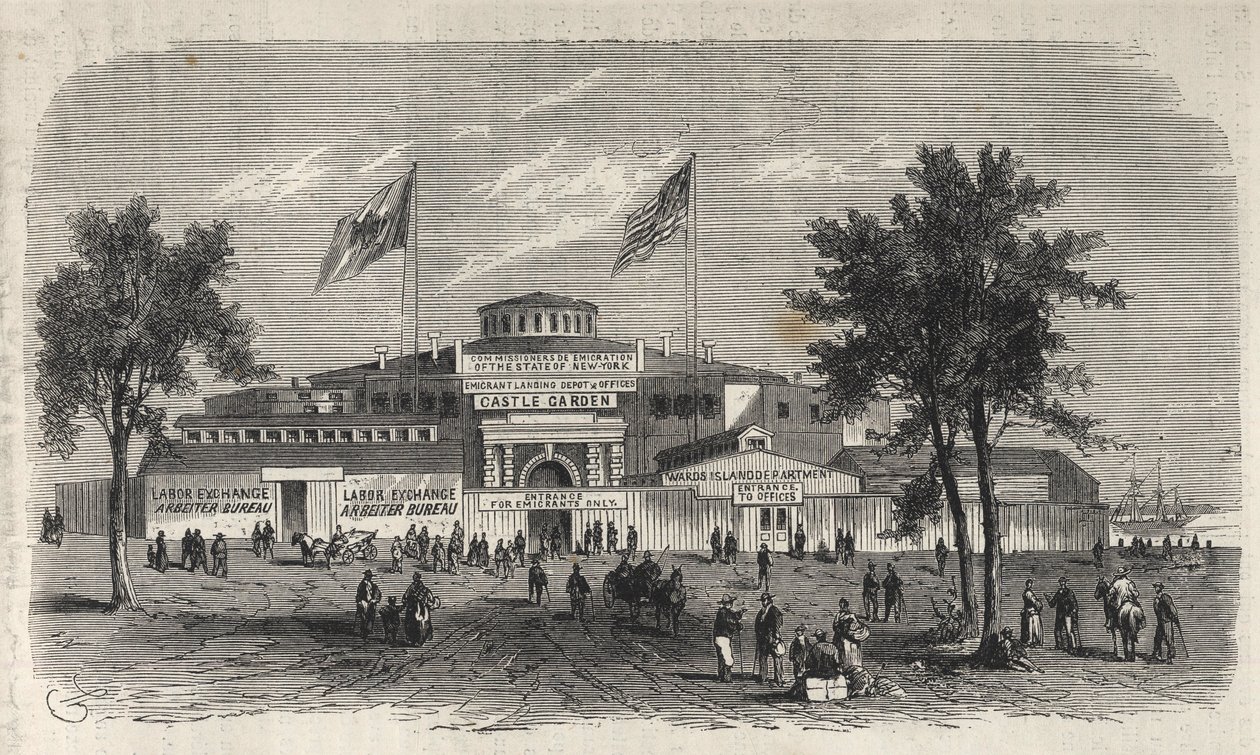 Castle Garden Bevándorlási Központ Depot - Castle Garden emigráns raktár - New York állam - Emigration Commission Establishment - Metszet a „The Illustrous Universe” 1869-ben alkotó: Unknown artist
