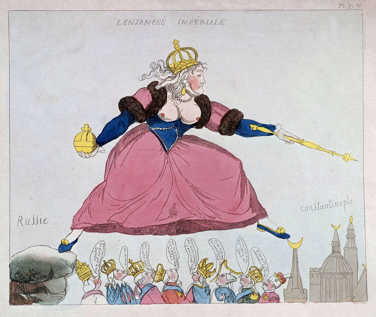 II. Katalin Oroszországból Konstantinápolyba ugrál az európai uralkodók felett, karikatúra, 18. század vége alkotó: Unknown artist