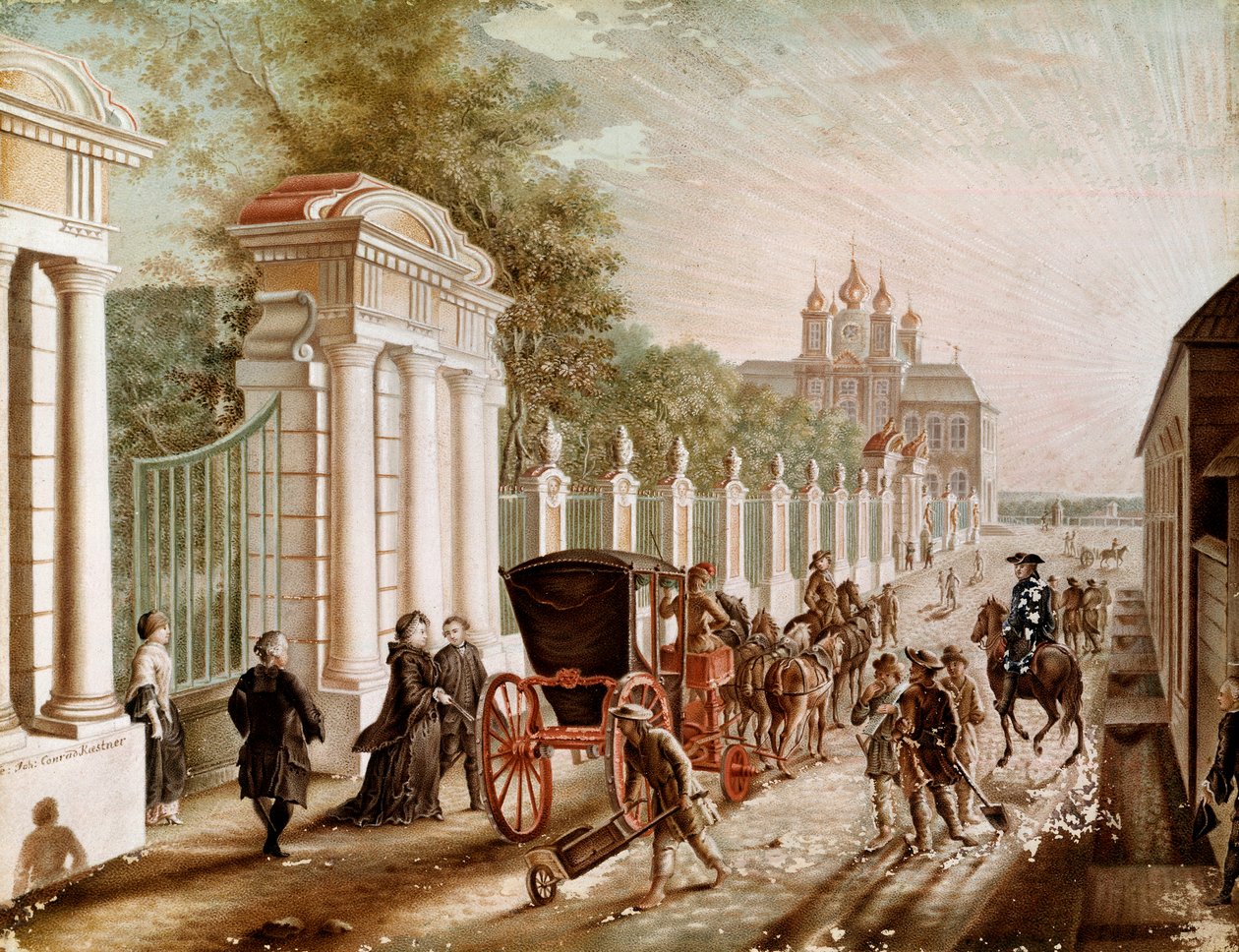 II. Katalin vagy Katalin Alekszejevna (1729-1782) elhagyta a Peterhof-palotát, mielőtt 1762-ben császárrá koronázták volna. Litográfia a 18. század végéről. Szentpétervár. Chateau De Peterhof alkotó: Unknown artist