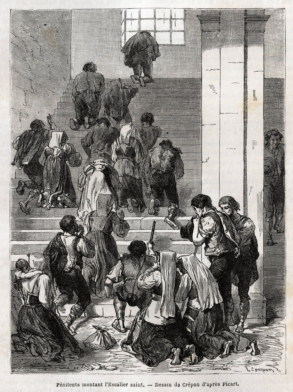 Katolikus bűnbánók felmennek a Rómába vezető szent lépcsőn. Metszet Ludovic Celler történetének illusztrálására; a nagyhét Rómában alkotó: Unknown artist