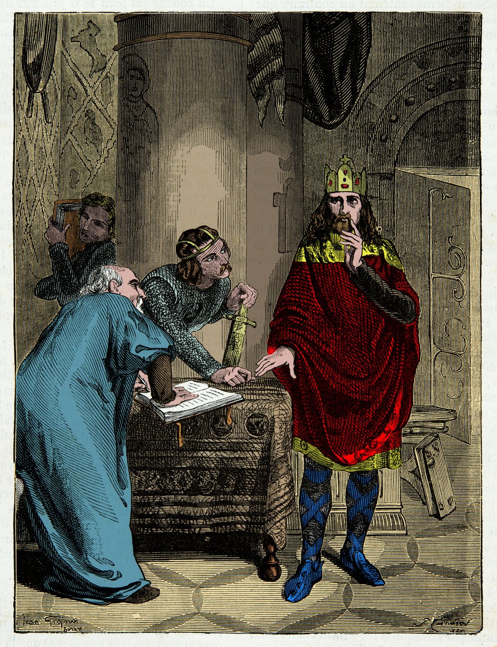 Nagy Károly diktálja kapituláris beszédeit miniszterének, Alcuinnak (732-804), Metszet XIX. alkotó: Unknown artist