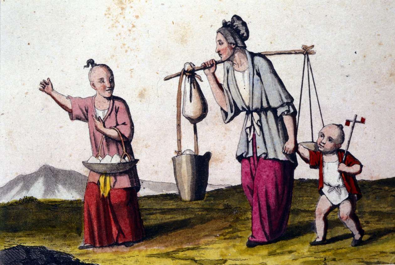 Kína. Egy nő, aki vizet cipelt, 2 gyerek kíséretében, a nagyobbik egy kosár rizses. századi nyomatok. alkotó: Unknown artist