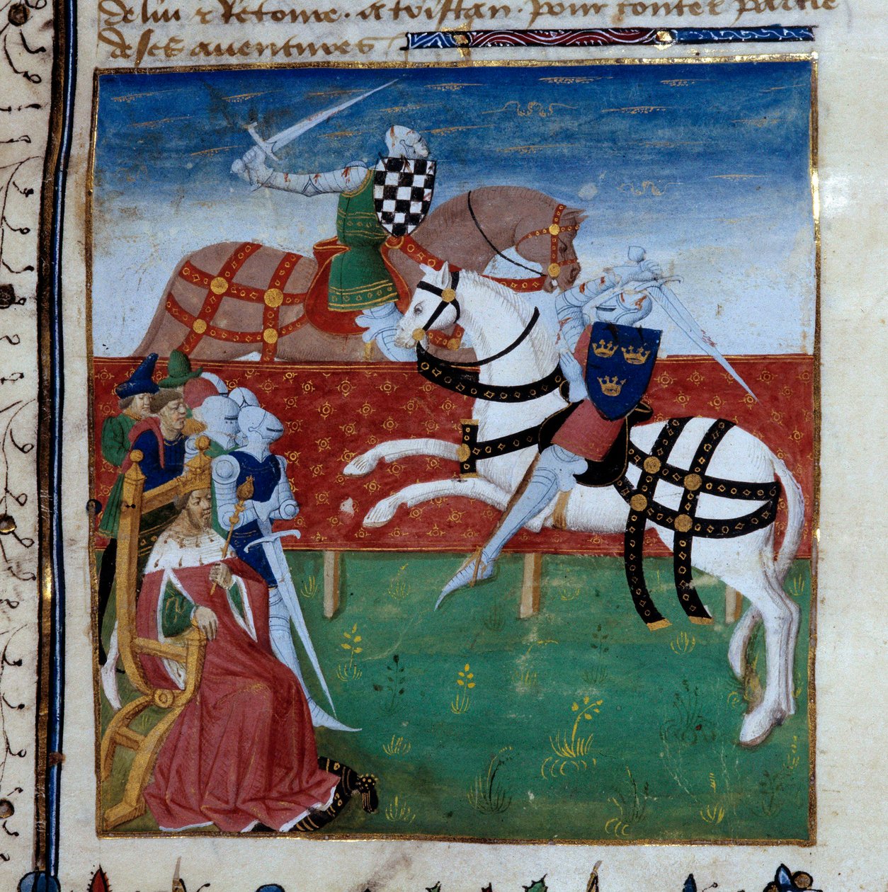 Lovagi torna Tristan és Palamede között. Miniatűr a „Tristán regénye” című kéziratból, amely Charles of Maine-i mesternek szól alkotó: Unknown artist