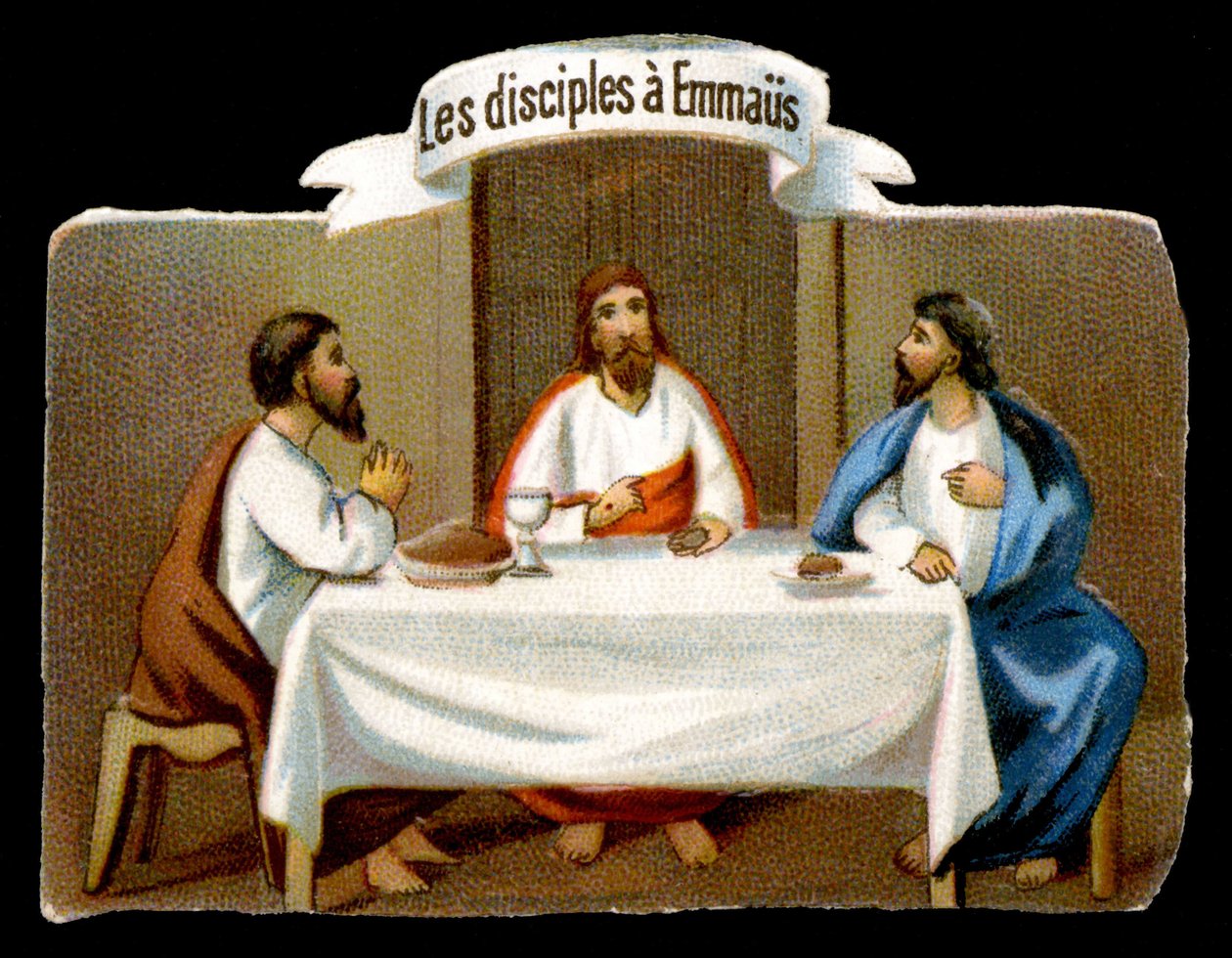 Krisztus megmenti az emmausi tanítványokat. 19. századi kromolitográfia. alkotó: Unknown artist