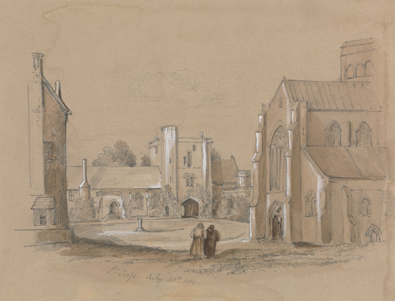 Templomkert két alakkal az előtérben alkotó: Unknown artist