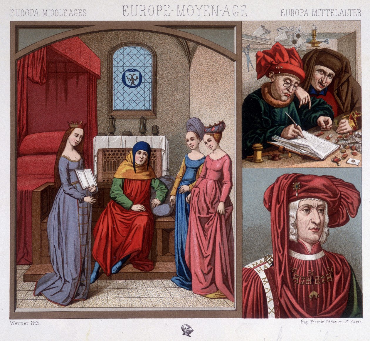 Polgári viseletek a középkorban a XV. Jobbra fent: valutaváltók Antwerpenben. Jobbra lent: Ausztriai Maximilian (1459-1519) portréja Quentin Metzys után. A. Raquet „A történelmi jelmezben”. alkotó: Unknown artist
