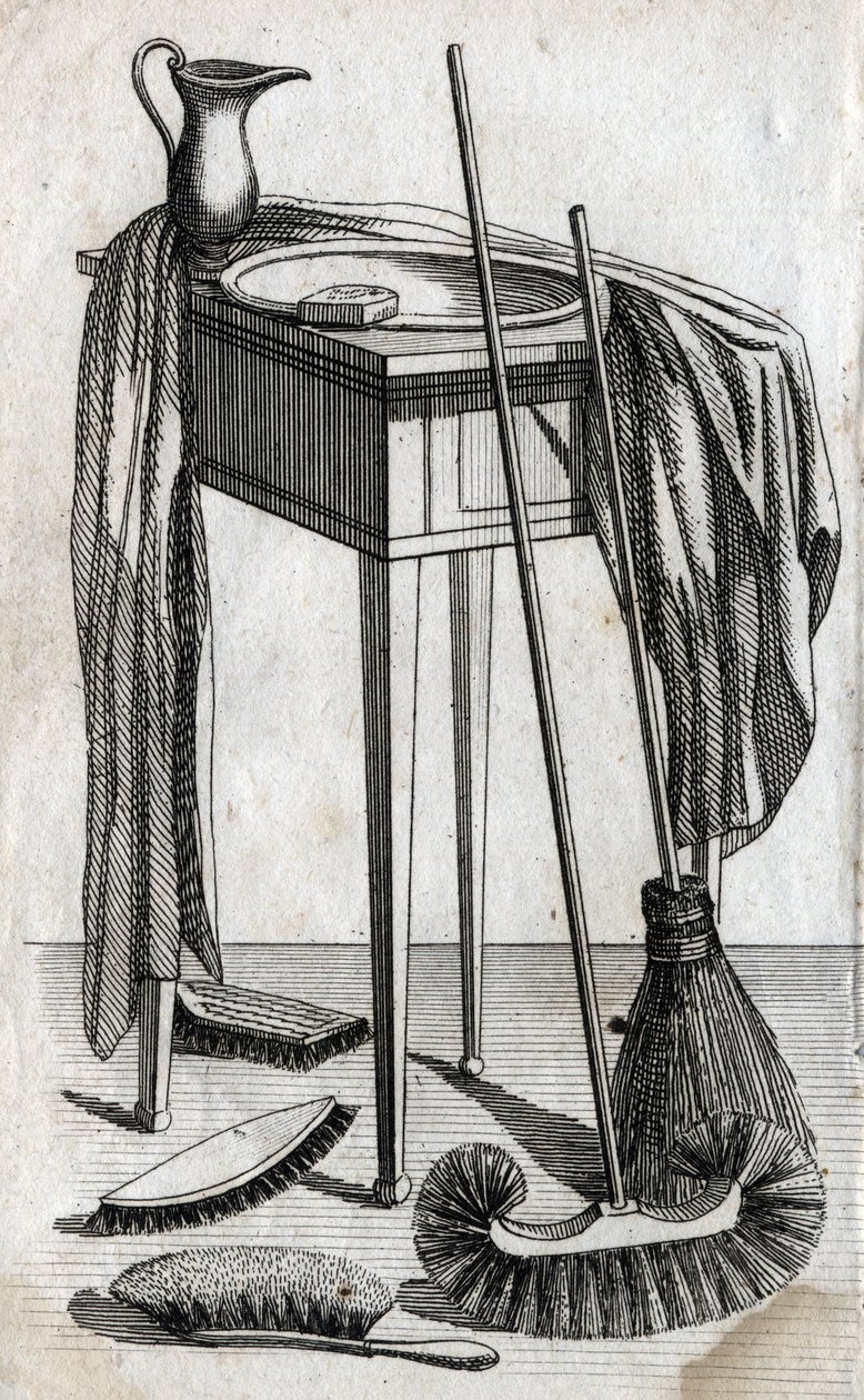Tisztító- és tisztítótartozékok: szappan, mosdó, seprű és kefék. Végmetszet a 18. századból. Magángyűjtemény. alkotó: Unknown artist