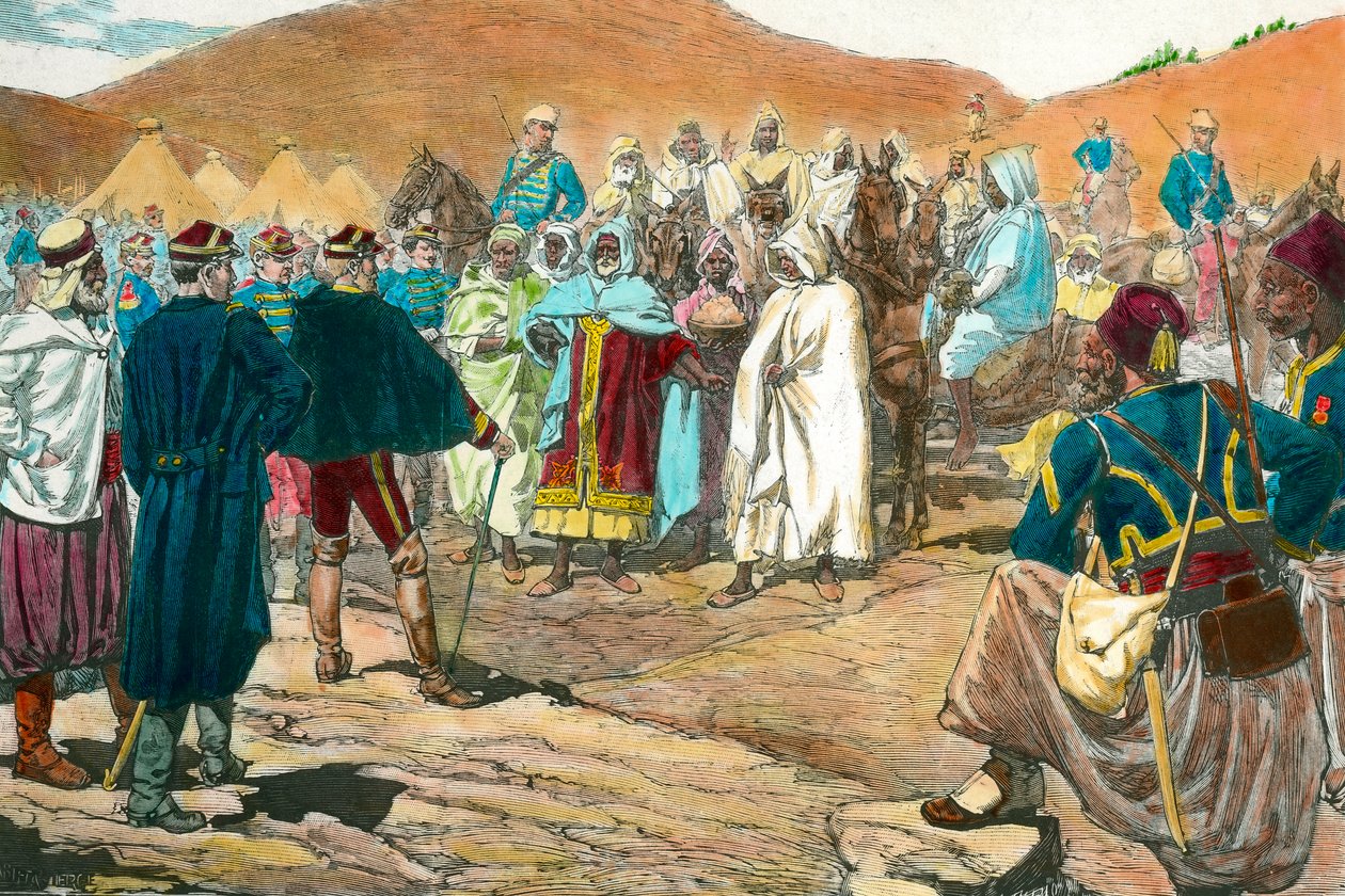 Gyarmatosítás: tunéziai törzsi vezetők érkeznek a parlamentbe. századi magángyűjtemény metszete alkotó: Unknown artist