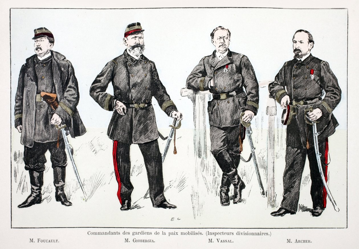 A mozgósított békefenntartók parancsnokai (hadosztályfelügyelők), balról jobbra: Mr. Foucault, Mr. Giobergia, Mr. Vassal, Mr. Archer. Színes rézkarc, illusztrációként a „Békefenntartók Hadtestének története” című könyv gondozásában megjelent alkotó: Unknown artist