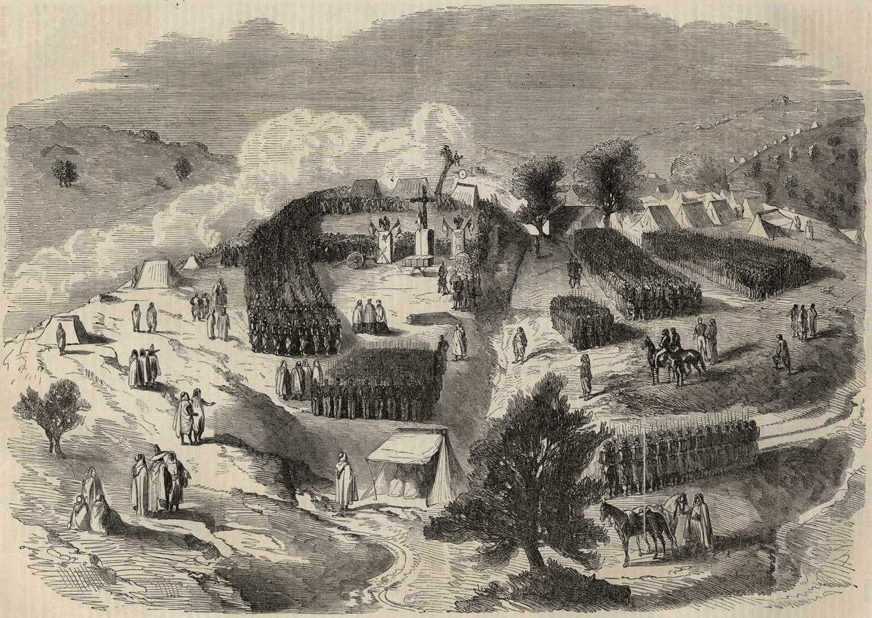 Conquete de Algerie: expedíció Nagy-Kabiliába 1857-ben, a Napóleon-erőd első kövének letétele Souk-el-Arba-ban (Souk el Arba). Metszet a „Le Monde illustrious”-ban 1857-ből. Magángyűjtemény. alkotó: Unknown artist