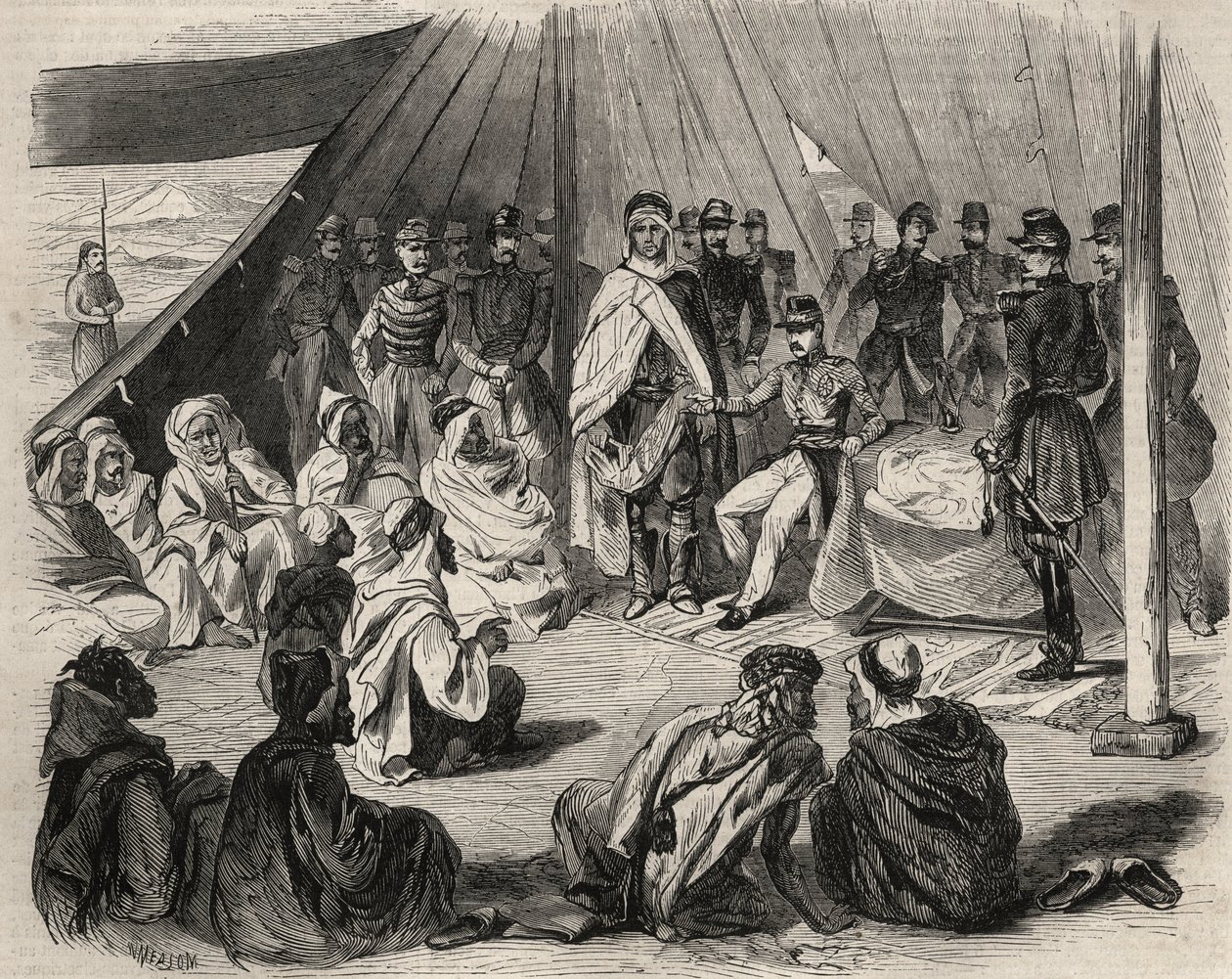 Algéria meghódítása: expedíció Nagy-Kabiliába 1857-ben. Beni-Raten (Beni Raten) kabil törzs behódolása a francia hadseregtől. Metszet a „Le Monde illustrious”-ban 1857-ből. Magángyűjtemény. alkotó: Unknown artist