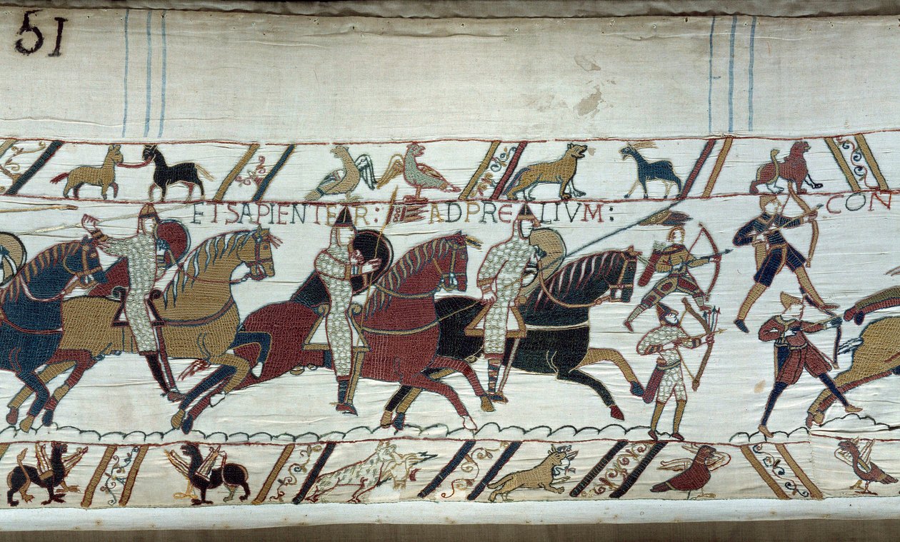 Anglia meghódítása Normandia hercege, Hódító Vilmos (1027-1087) által 1066-ban: a Hastings-i csata kezdete A Bayeux-i kárpit vagy Mathilde királynő hímzése részlete alkotó: Unknown artist