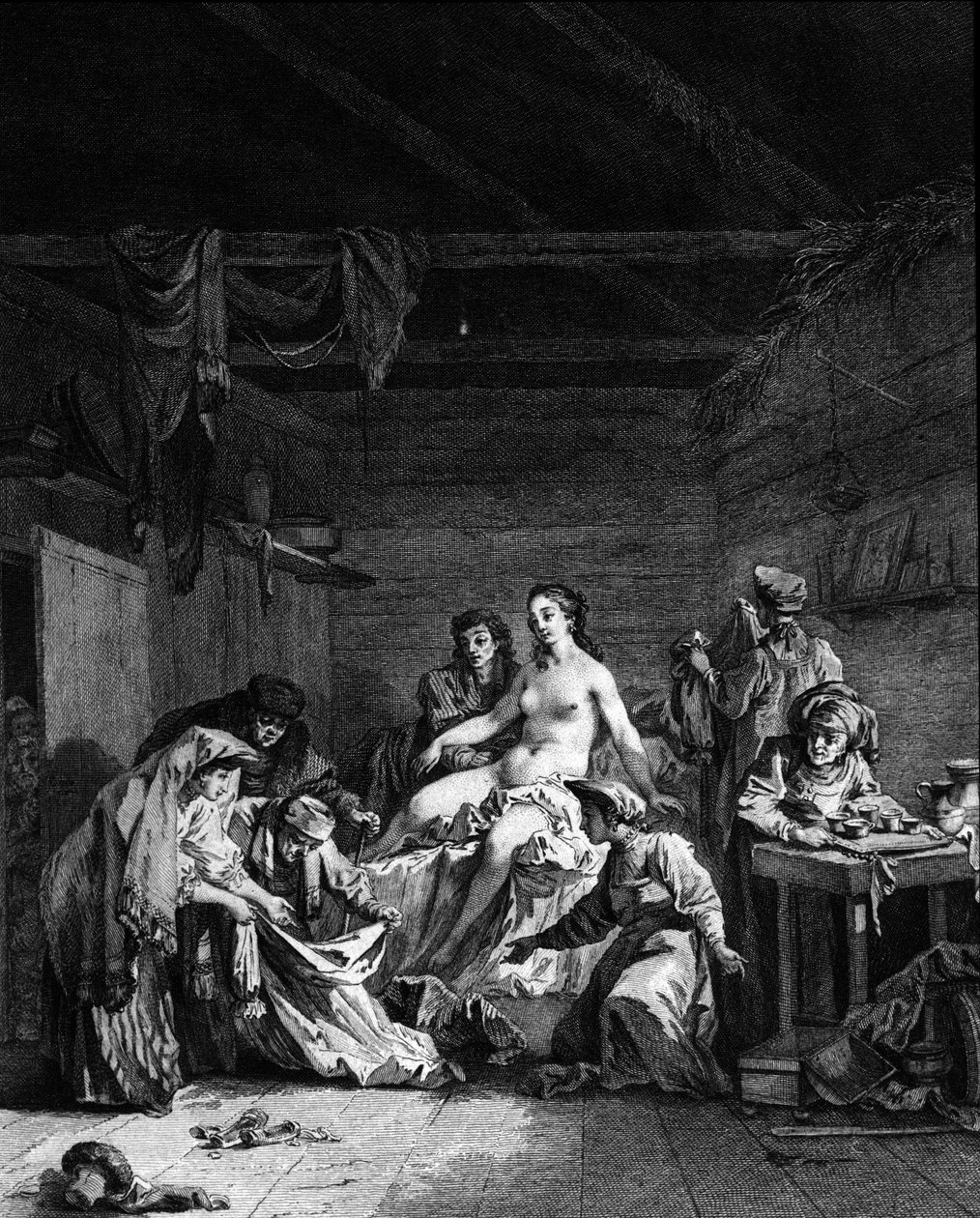 A depucking (virágtalanítás) ellenőrzése egy szűz házassága után Oroszországban. 18. századi metszet alkotó: Unknown artist