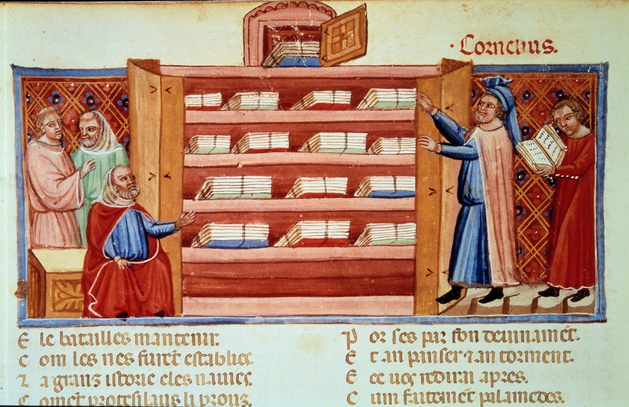 Cornelius Nepos, római életrajzíró (Kr. e. 100-25) egy gardróbszekrényben fedezi fel a fríg Dares Trója történetét. Miniatűr Benoit de Sainte-Maure „Le Roman de Troie” (Folio 2v) című művében (XII. század) alkotó: Unknown artist