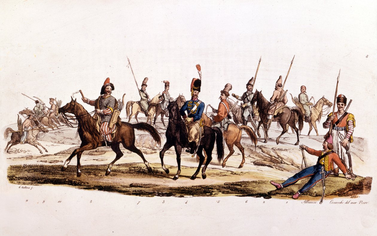 kozákok: 1. 2. kozák 3. doni kozák 4¡ hivatalos doni kozák 5¡ kozák Chernomowskij 6¡ uráli kozák 7¡ rendes kozák 8¡ baskír 9¡ és 10¡ kalmouk alkotó: Unknown artist