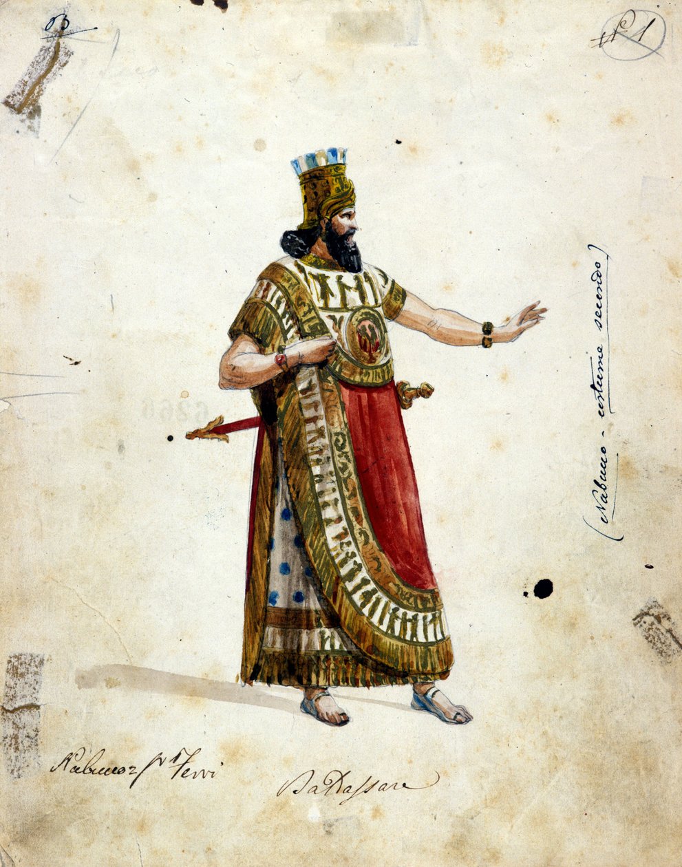 Nabukodonozor, Babilon királyának jelmeze Giuseppe Verdi (1813-1901) operájában, a „Nabucco””” először „Nabukodonozor””-nak hívták. A Scala Múzeum alkotó: Unknown artist