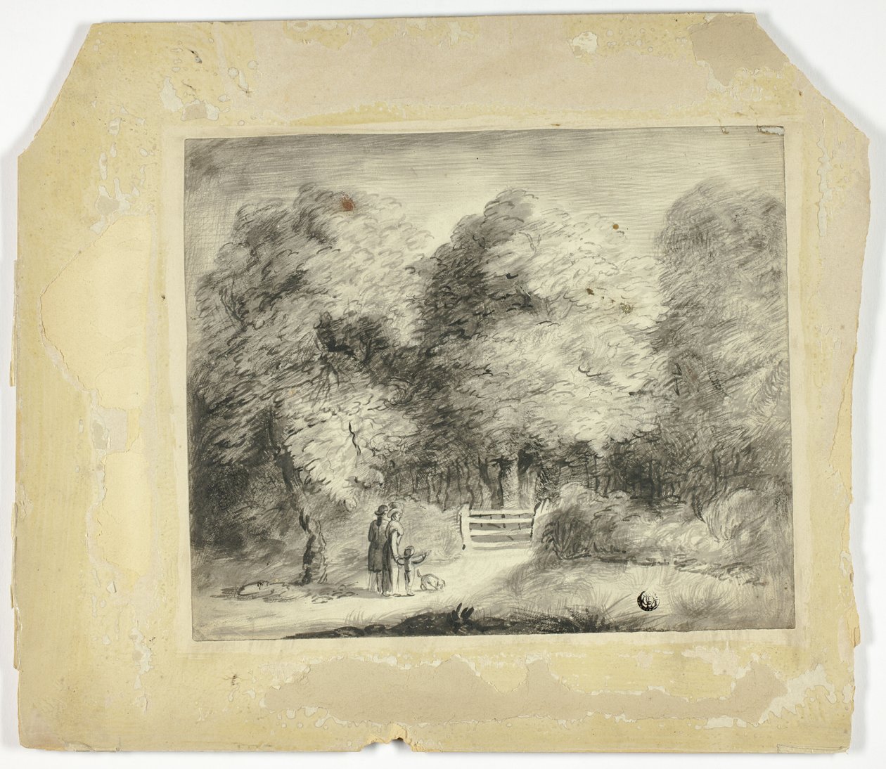 Pár gyermekkel és kutyával a park bejáratánál alkotó: Unknown artist
