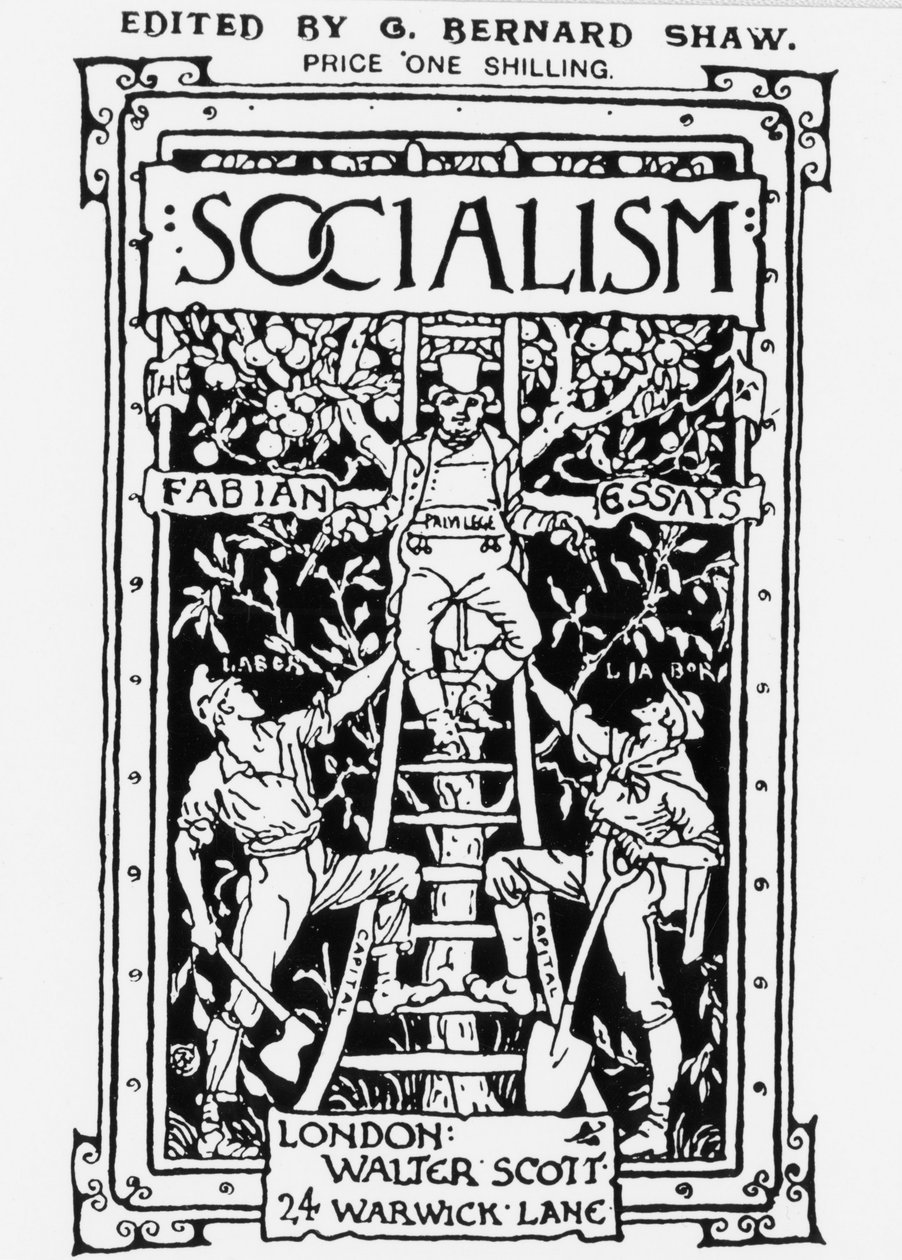 A G. B. Shaw által szerkesztett „Socialism” Fabian Society magazin címlapja. Az allegória a skála tetején lévő privilégiumot jelképezi, amely a tőkét szimbolizálja és a munkásokat két fegyverrel felügyeli. Metszés. alkotó: Unknown artist