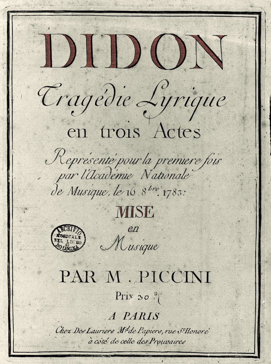 Niccolo Vito Piccinni (vagy Piccini) (1728-1800) zeneszerző „Didon” című operájának librettójának borítója. 1783 alkotó: Unknown artist