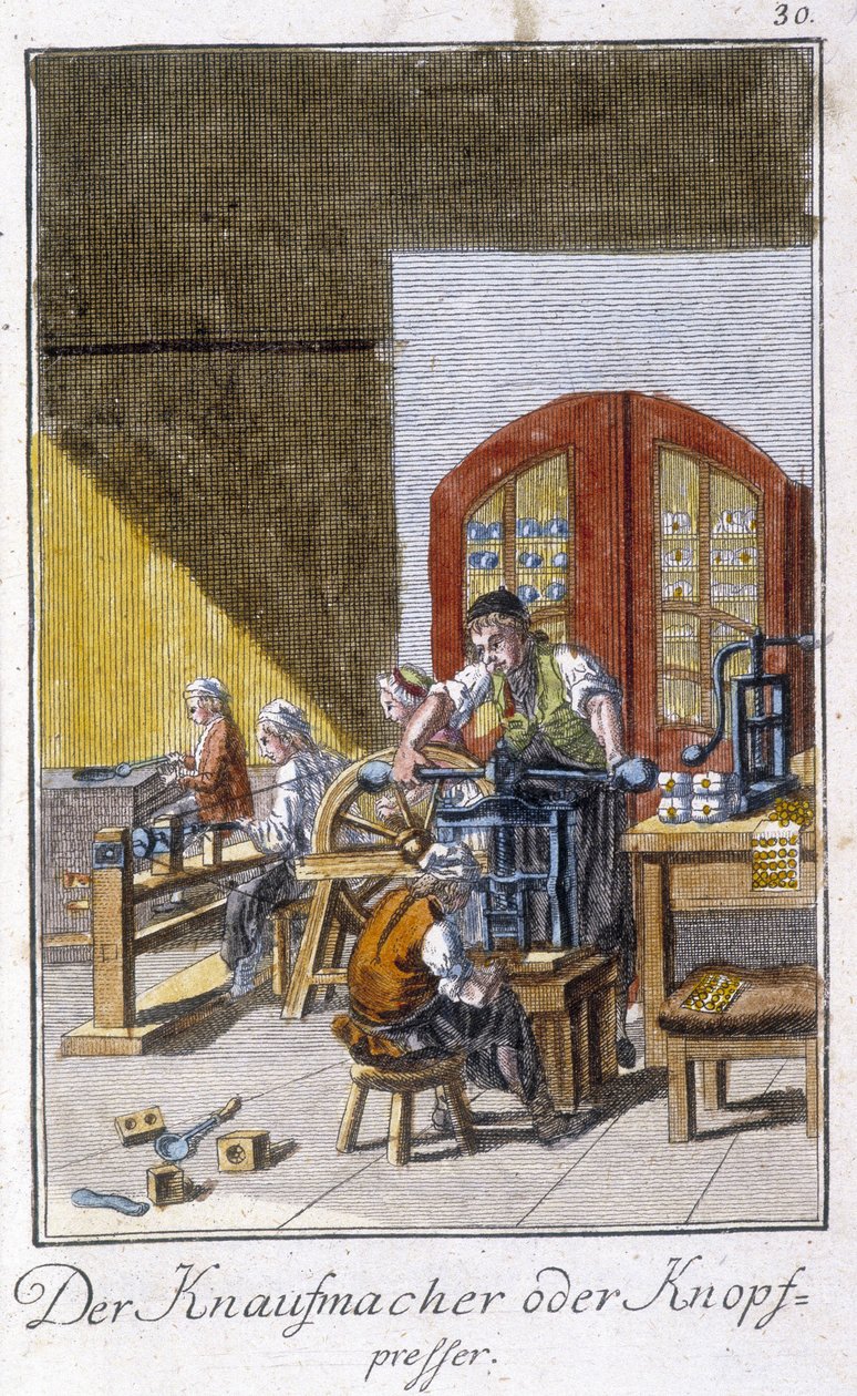 Craft craft: a gombok gyártója a műhelyében. Johan Peter Vue „” Átfogó leírása a művészetekről és a kézművességről és a műhelyekről fiataloknak” című könyvében. Szerk. Nürnberg, Weigel és Schneider alkotó: Unknown artist