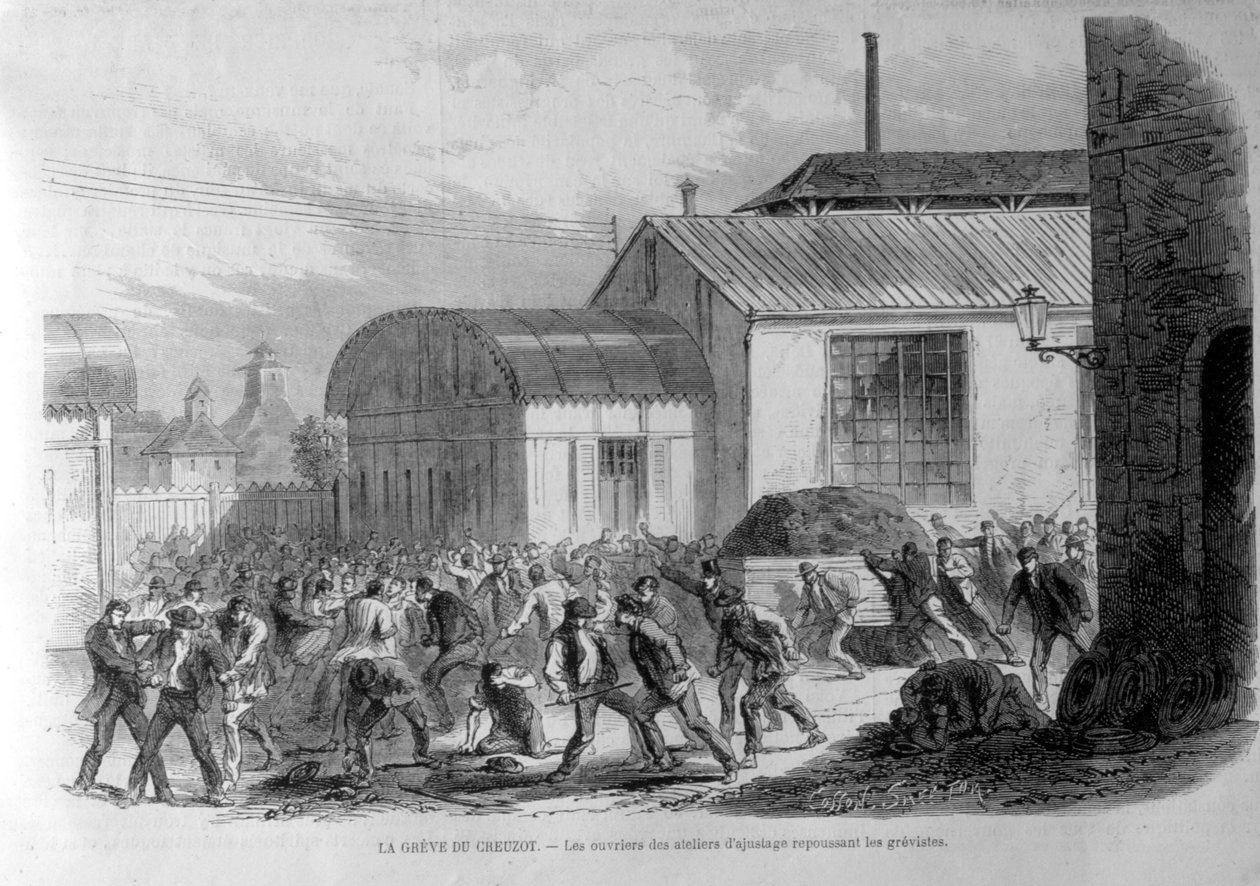 Creusot sztrájk. A sztrájkolókat taszító beállító műhelyek dolgozói. Metszet 19. század. alkotó: Unknown artist