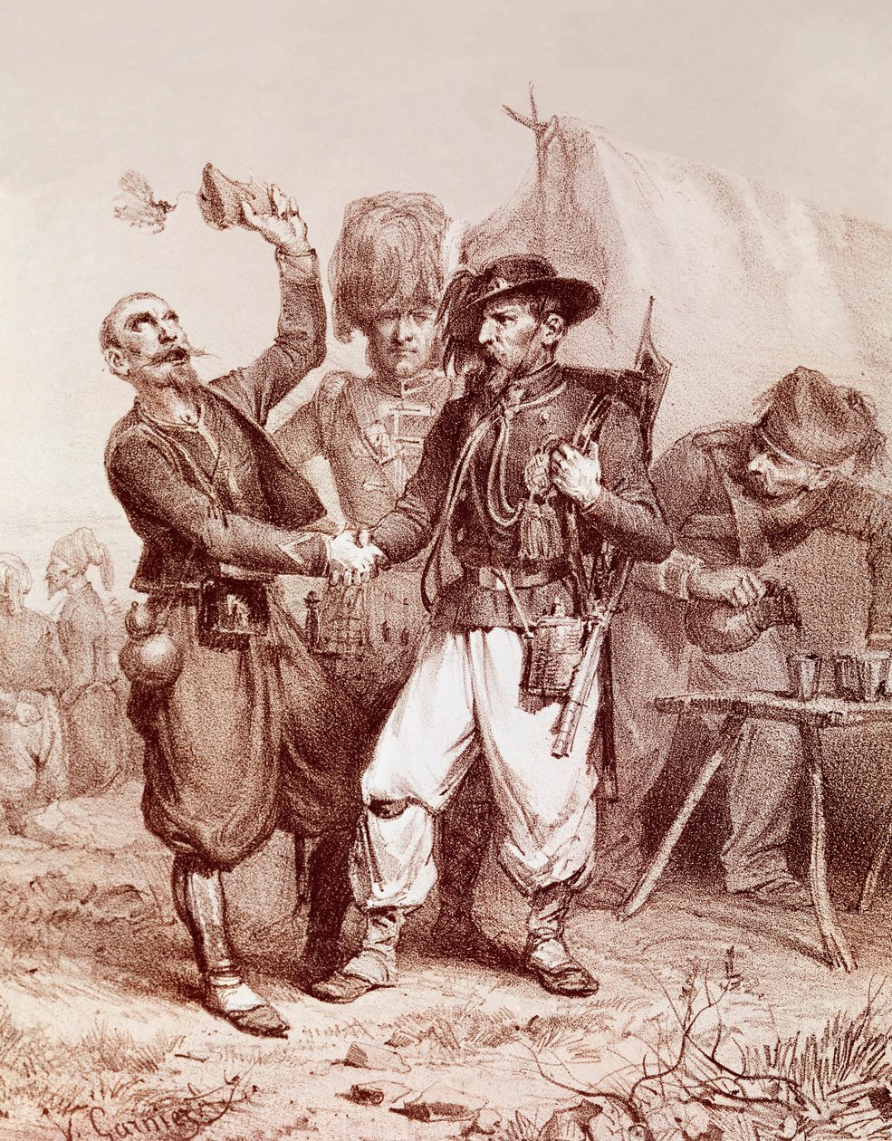 Krími háború (1853-1856): Franciaország, a Szardíniai Királyság és Anglia Oroszország elleni szövetségének allegóriája. 1854 alkotó: Unknown artist