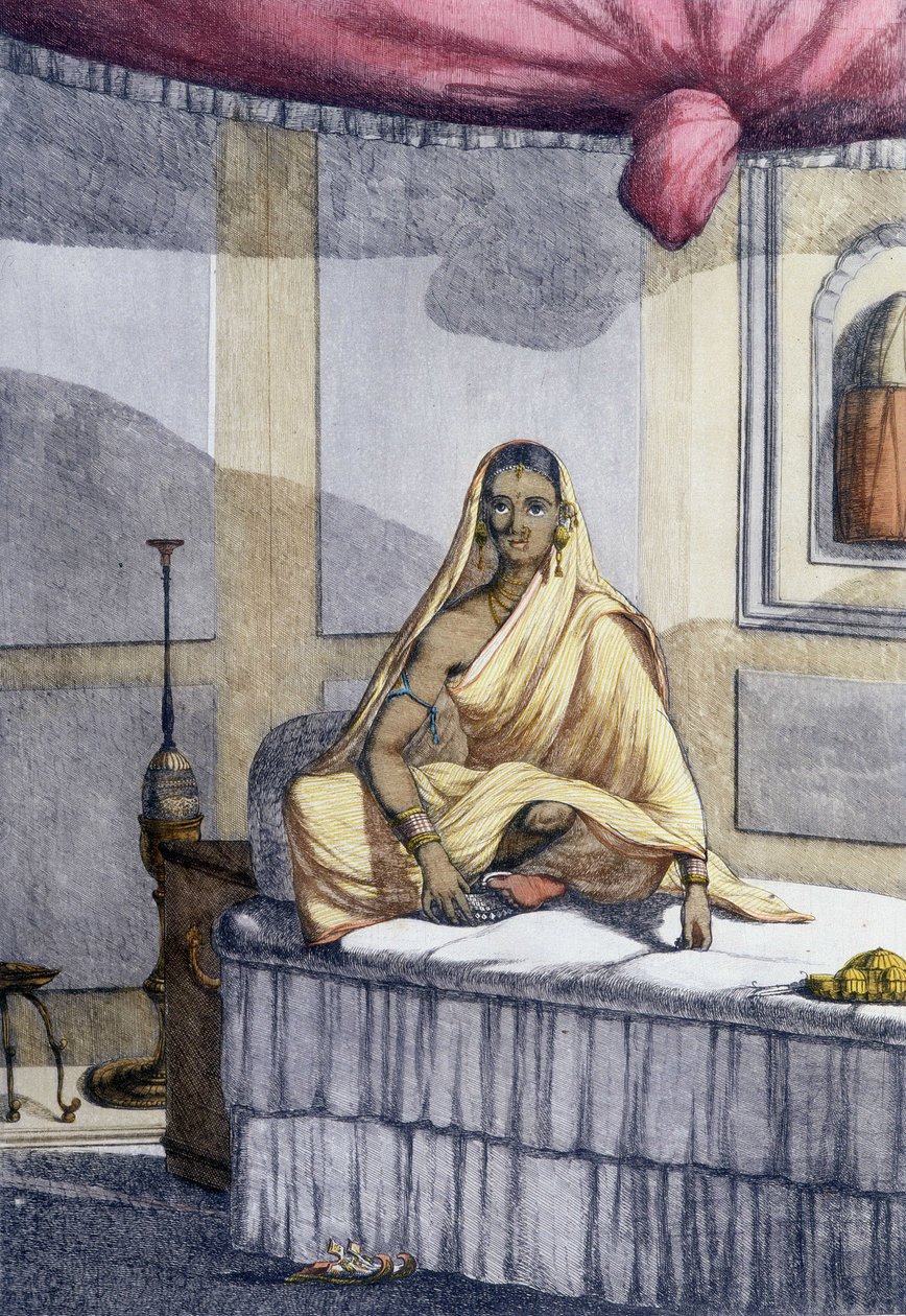 Kultúra, civilizáció és indiai társadalom: „Kitűnő nő” vagy magasabb kaszthoz tartozó nő. Metszet 1808-ból. alkotó: Unknown artist