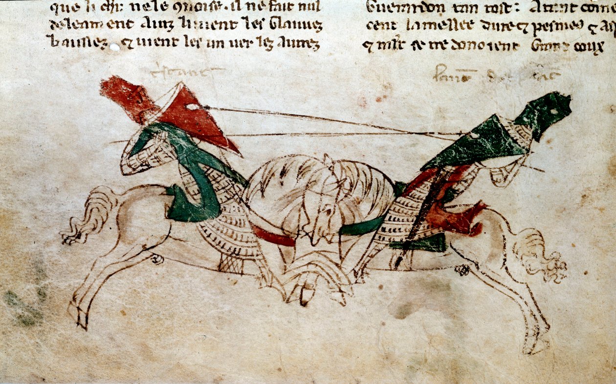 Arthur király ciklusa: „” Lancelot és Trisztán csata”” Miniatűr a „”-ből átvéve Meliadus de Leonnoys regénye: Arthur király, Palamedes és Galliot de Pre számos más nemes lovagi bravúrja együtt””, Rustichello (rustikus, Rusticiano) o alkotó: Unknown artist