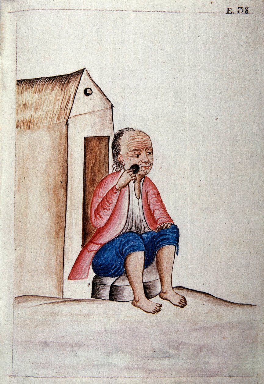 Peru mindennapi élete és szokásai: "" Az indián borotválja a szakállát a küszöbén "" Akvarell Baltasar Martinez Companon y Bajanda, Trujillo püspöke (1782-1785) "" Trujillo del Peru "" című könyvéből. 18. századi Madrid. Biblioteca del Palacio Real alkotó: Unknown artist
