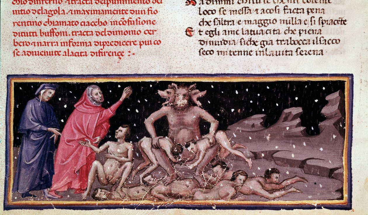 Dante és Virgil találkozik Ciaccóval és Cerberével a torkossal (9. ének a pokolból, az Isteni vígjátékban) - miniatűr alkotó: Unknown artist
