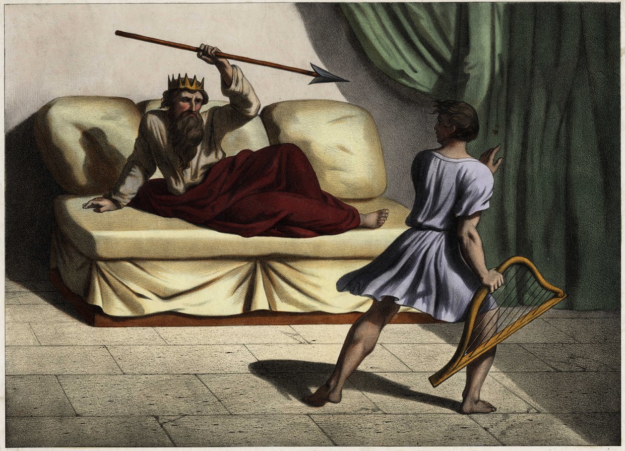 Dávid cithart játszik Saul király előtt, hogy megnyugtassa őt. Névtelen metszet a 19. század közepéről. alkotó: Unknown artist