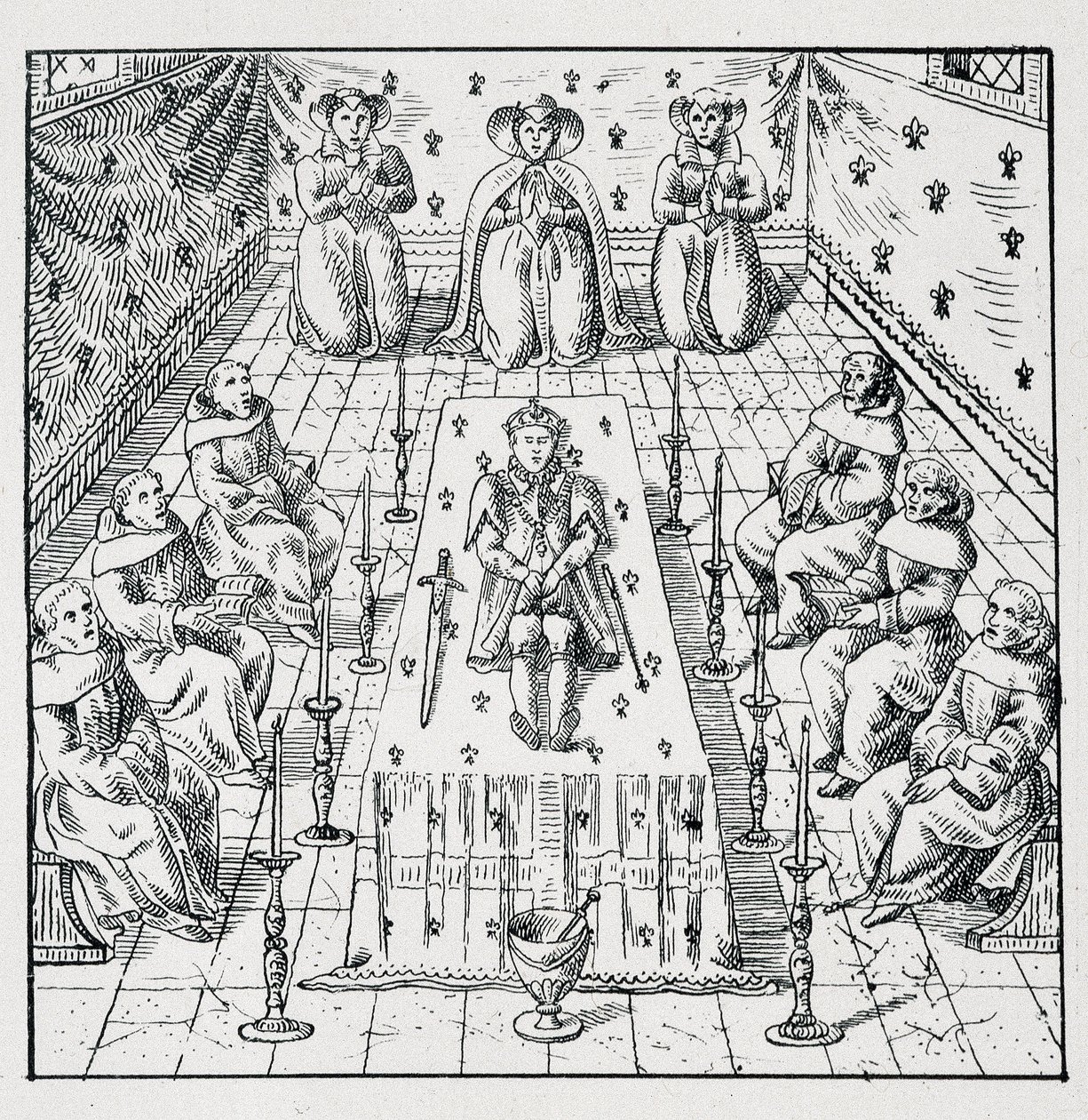 IX. Károly 1574. május 30-án, 24 évesen halt meg – a 39 figurát tartalmazó gyűjteményben, amely Franciaország 1562 és 1586 közötti katasztrófáit ábrázolja” Louis Perrin imprimerie alkotó: Unknown artist