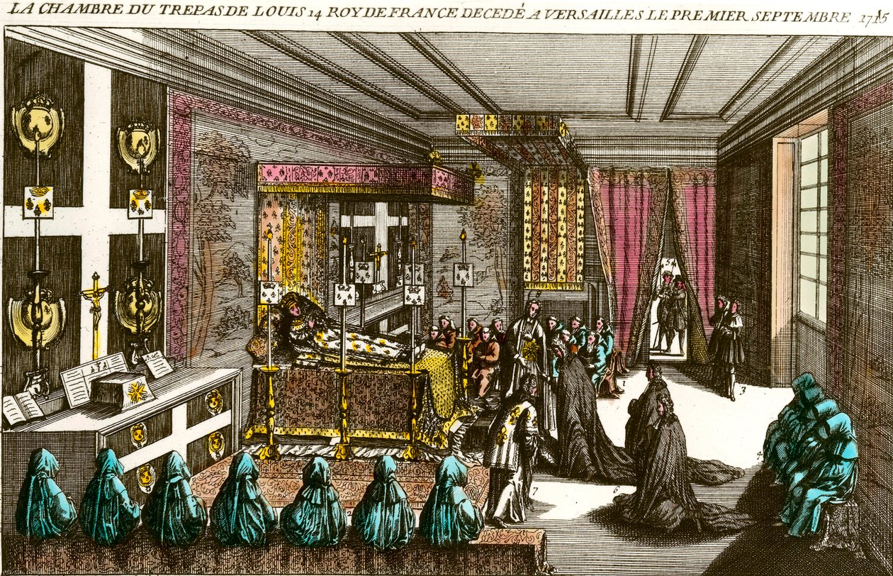 XIV. Lajos király halála: XIV. Lajos (1638-1715), Soleil királyként ismert halotti kamrája 1715.09.01-én Versailles-ba szállt. A 18. századi magángyűjtemény metszete alkotó: Unknown artist