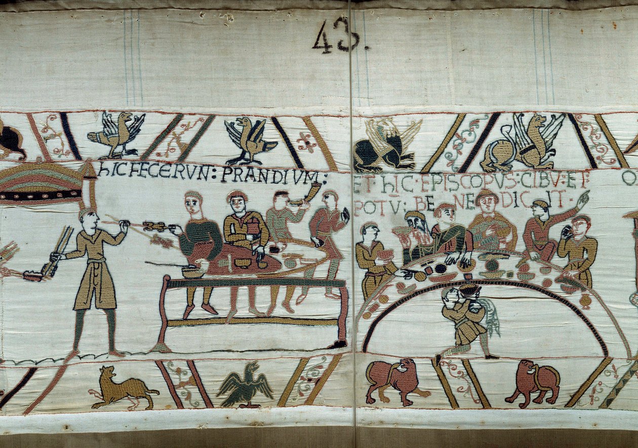 Az angliai Debarques, Hódító Vilmos (1027-1087) karjai lakomát rendeznek, miközben arra várnak, hogy megküzdjenek II. Harold szász fegyvereivel. Guillaume-ot a bárók és a Bayeux-i kárpit Eveque Odon részlete vagy Mathilde királynő hímzése veszi körül. alkotó: Unknown artist