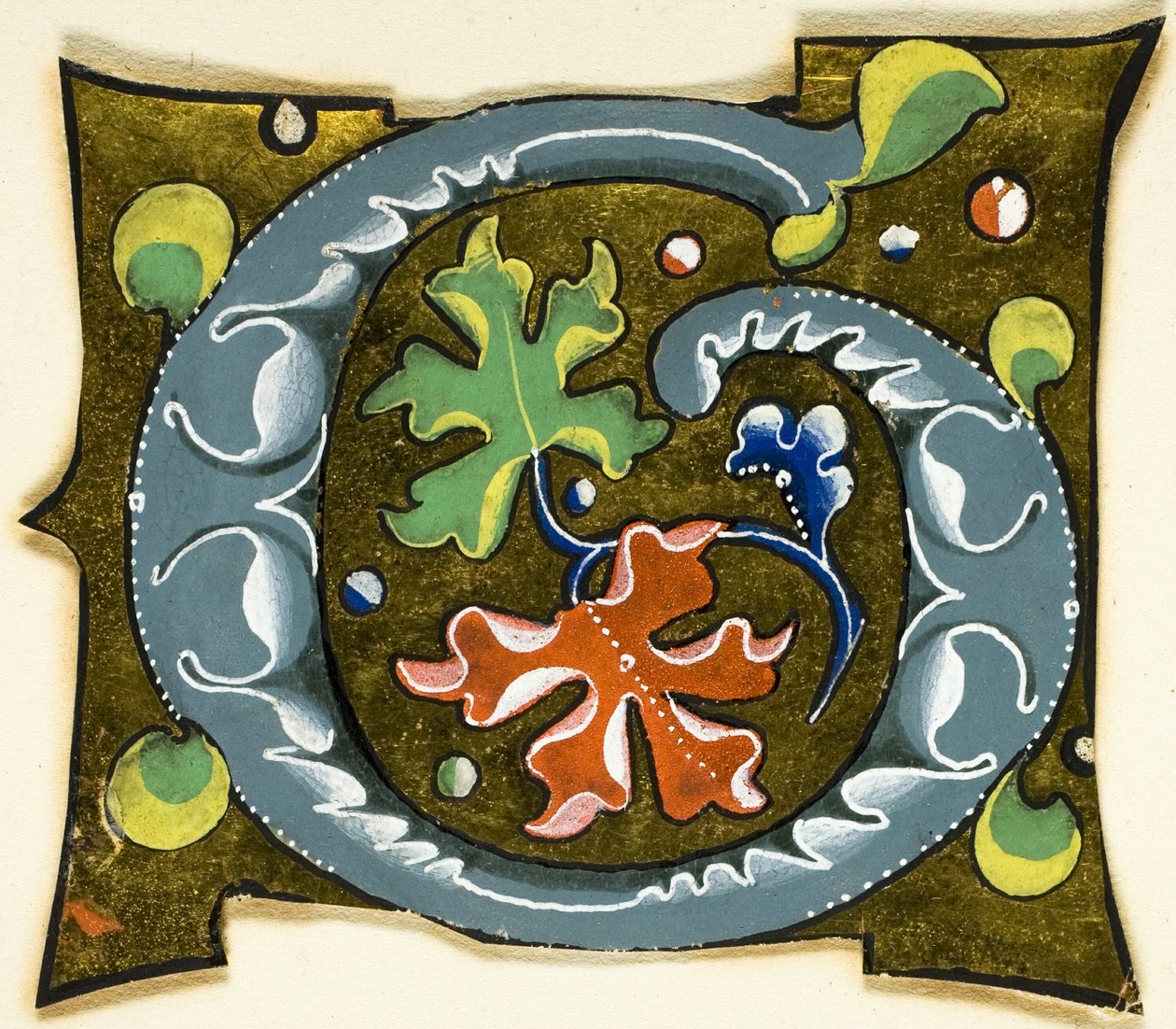 Díszített "G" kezdőbetű szürke színben, piros, zöld és kék levelekkel egy kéziratból alkotó: Unknown artist